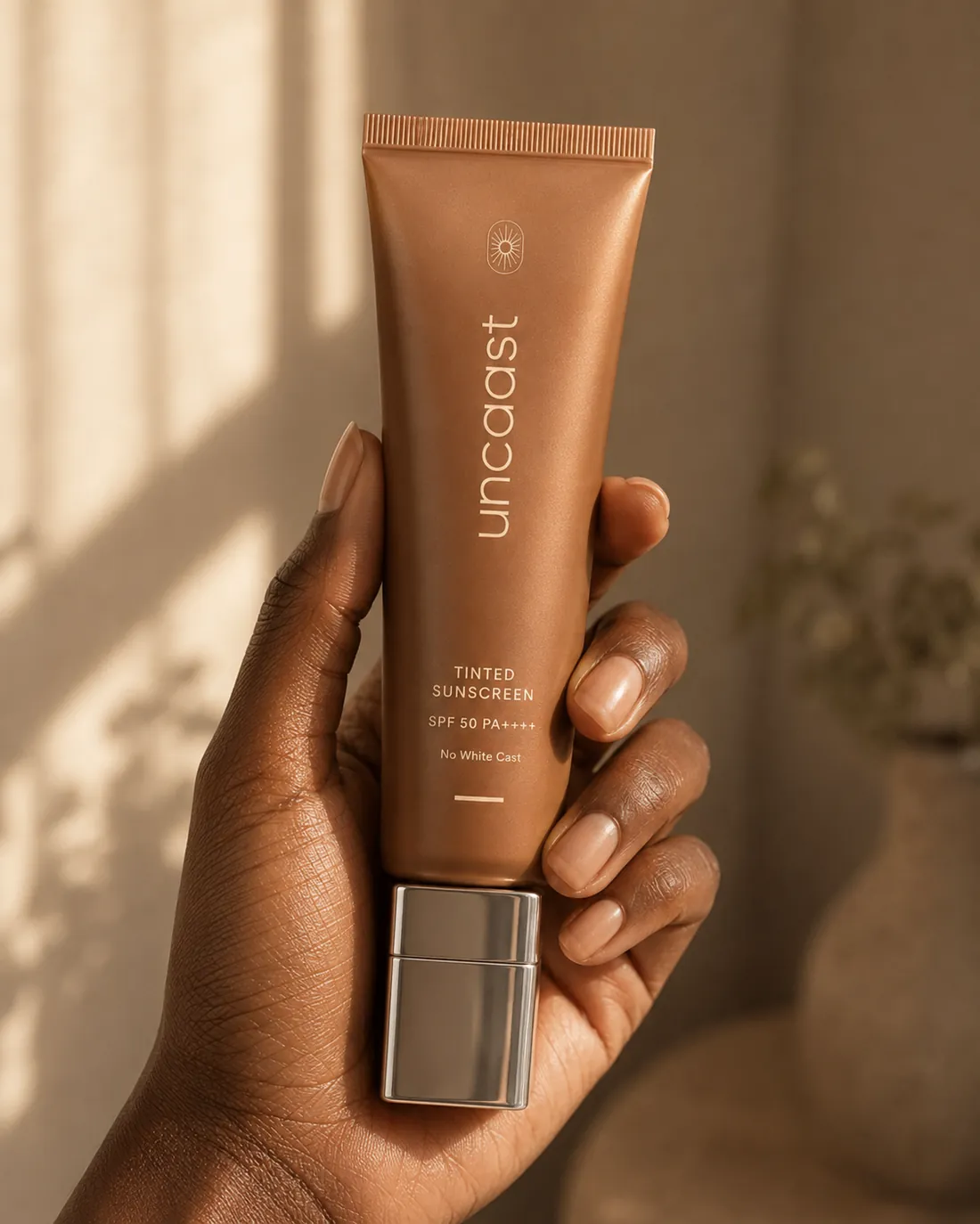 uncaast tinted sunscreen held in hand, warm golden light