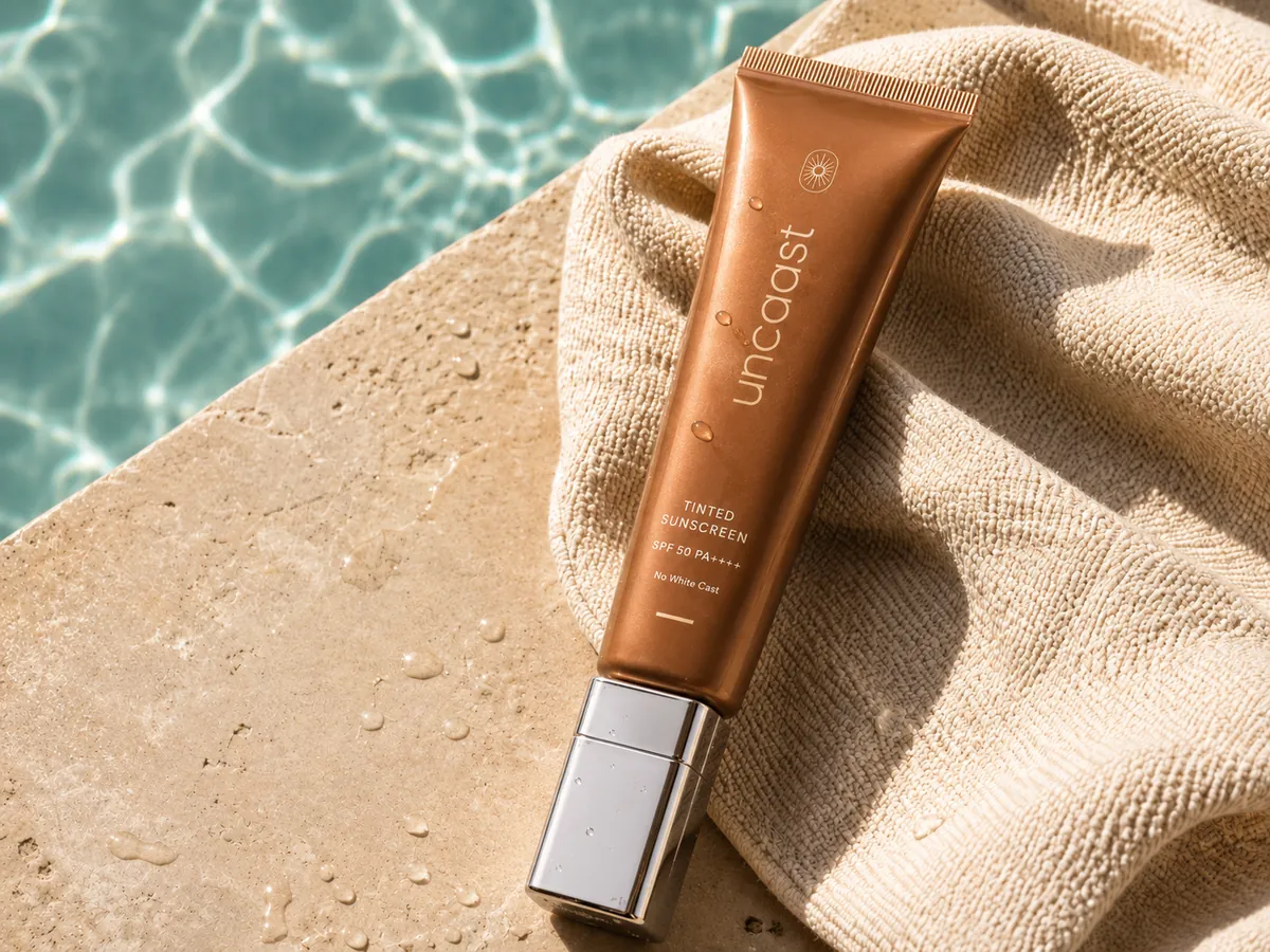 uncaast tinted sunscreen poolside on a towel