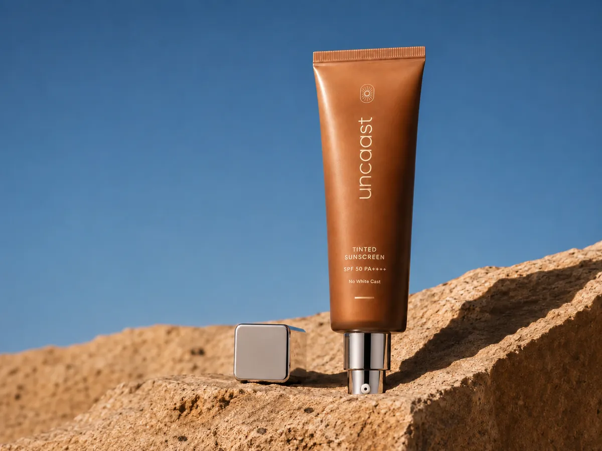 uncaast tinted sunscreen standing on sandstone under open sky