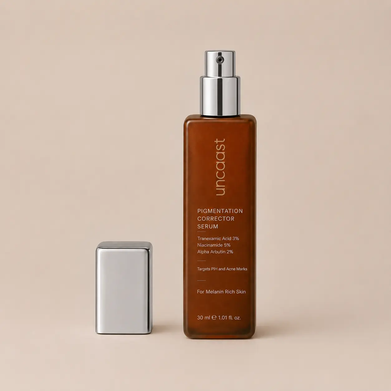 uncaast pigmentation corrector serum with the cap off, shown from above