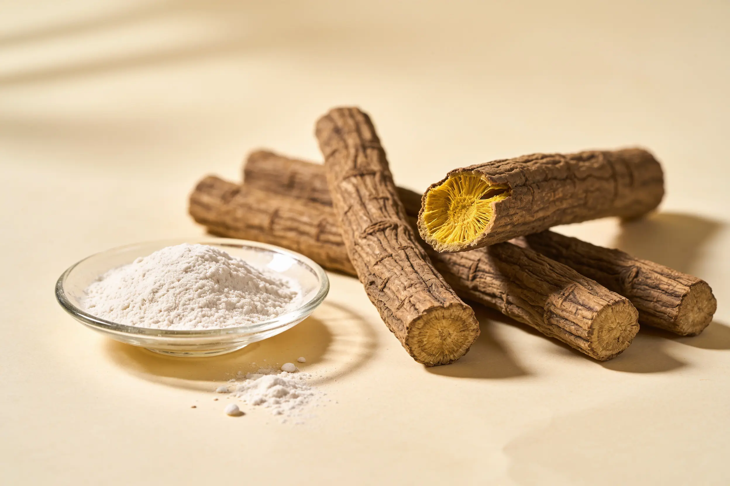 Dried licorice root and fine white cosmetic powder, active ingredients in the uncaast pigmentation corrector serum