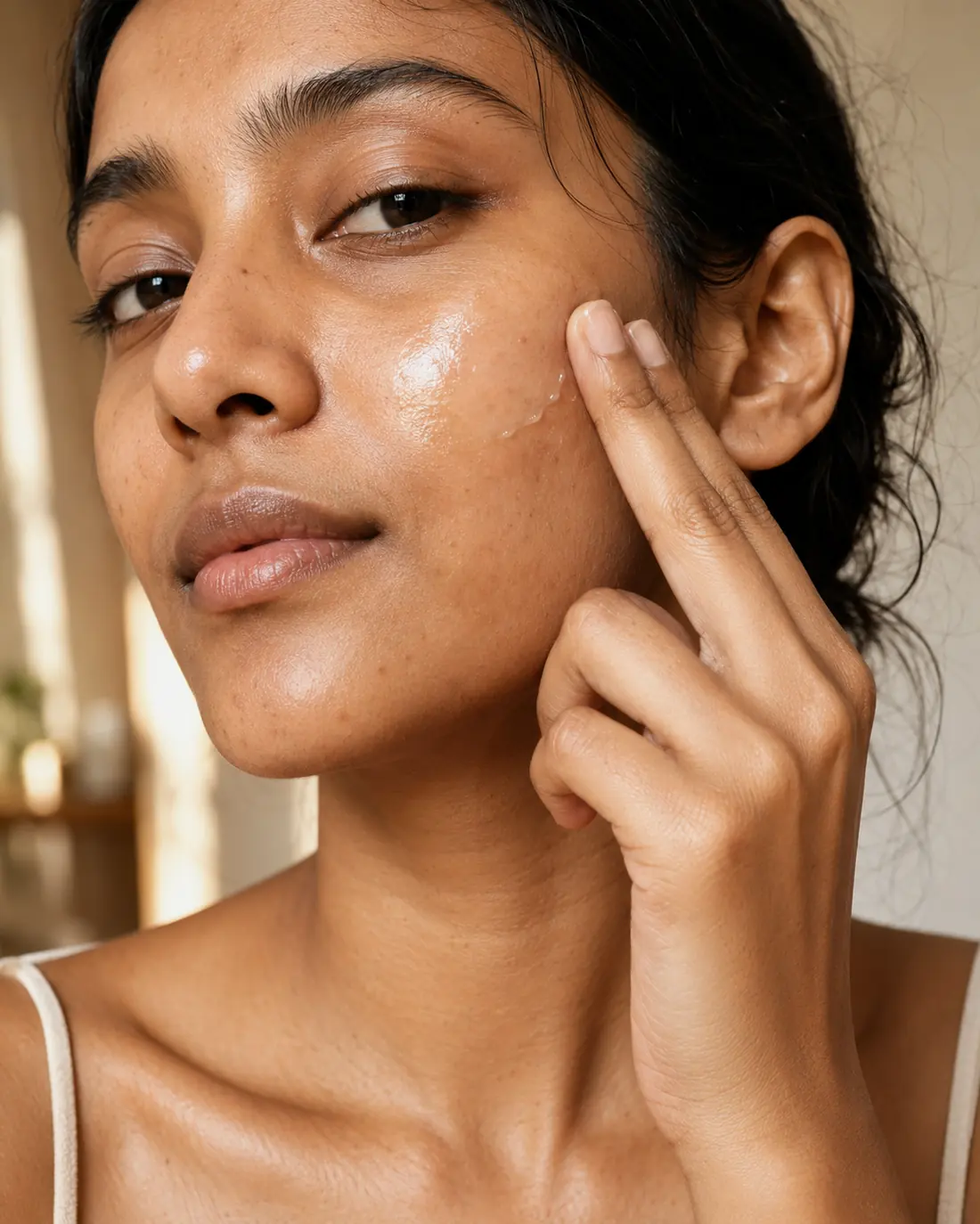 Woman with brown skin pressing uncaast pigmentation corrector serum into her cheek