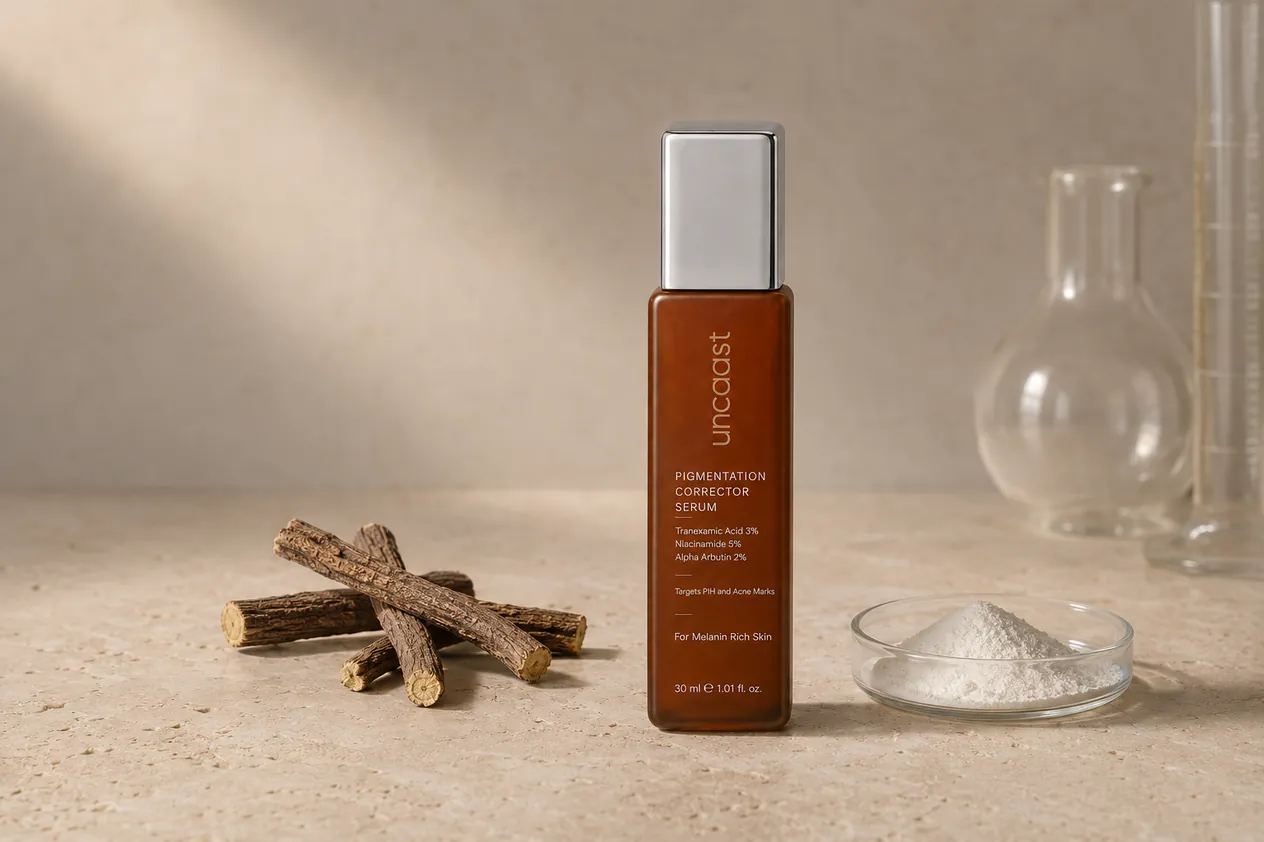 uncaast pigmentation corrector serum beside dried licorice root and laboratory glassware
