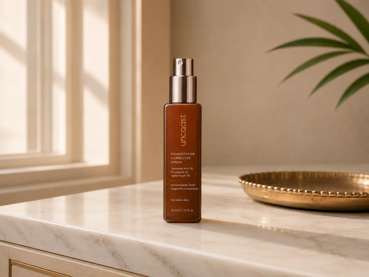 uncaast pigmentation corrector serum on a marble vanity in morning light