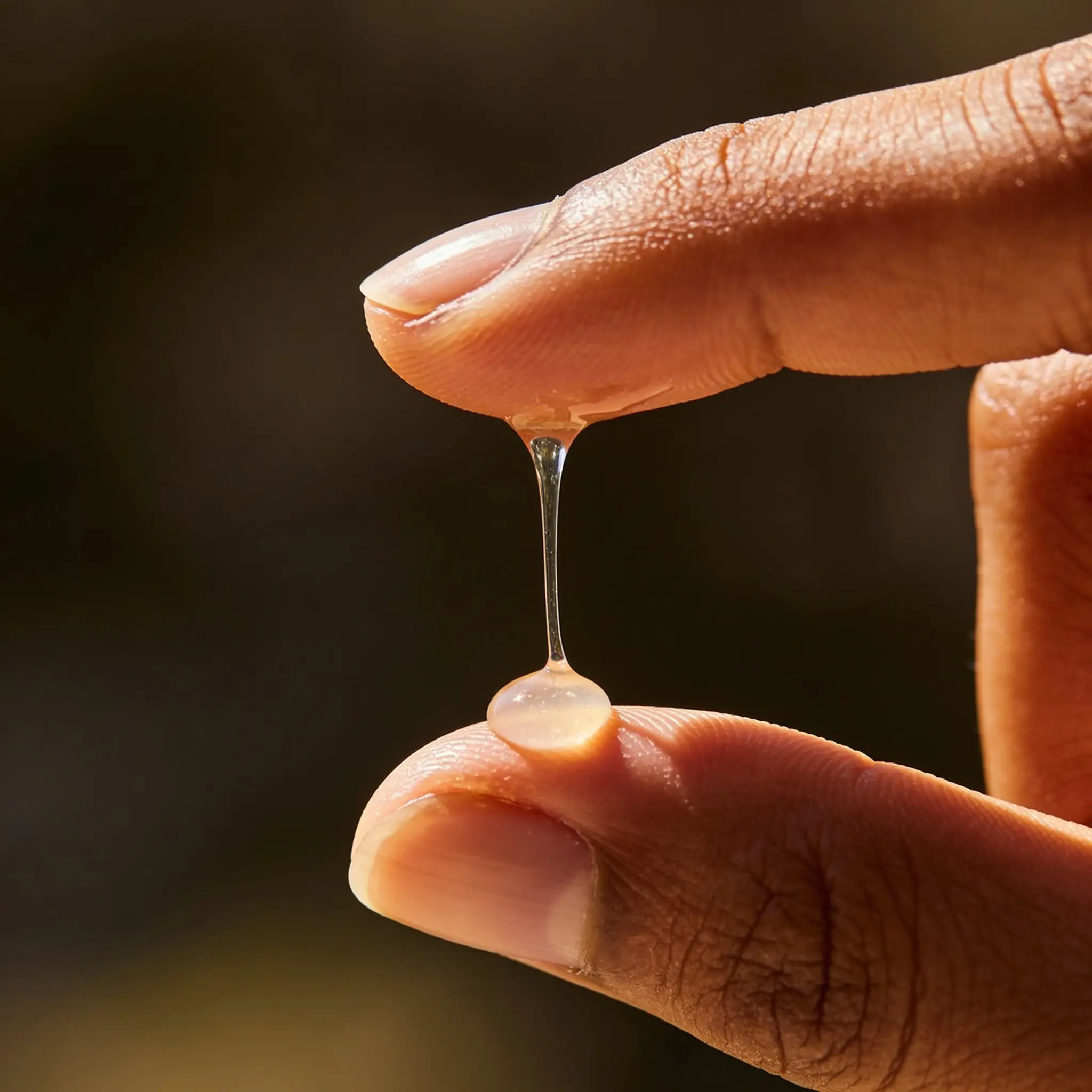 Clear gel-serum stretched between fingertips, showing its lightweight texture