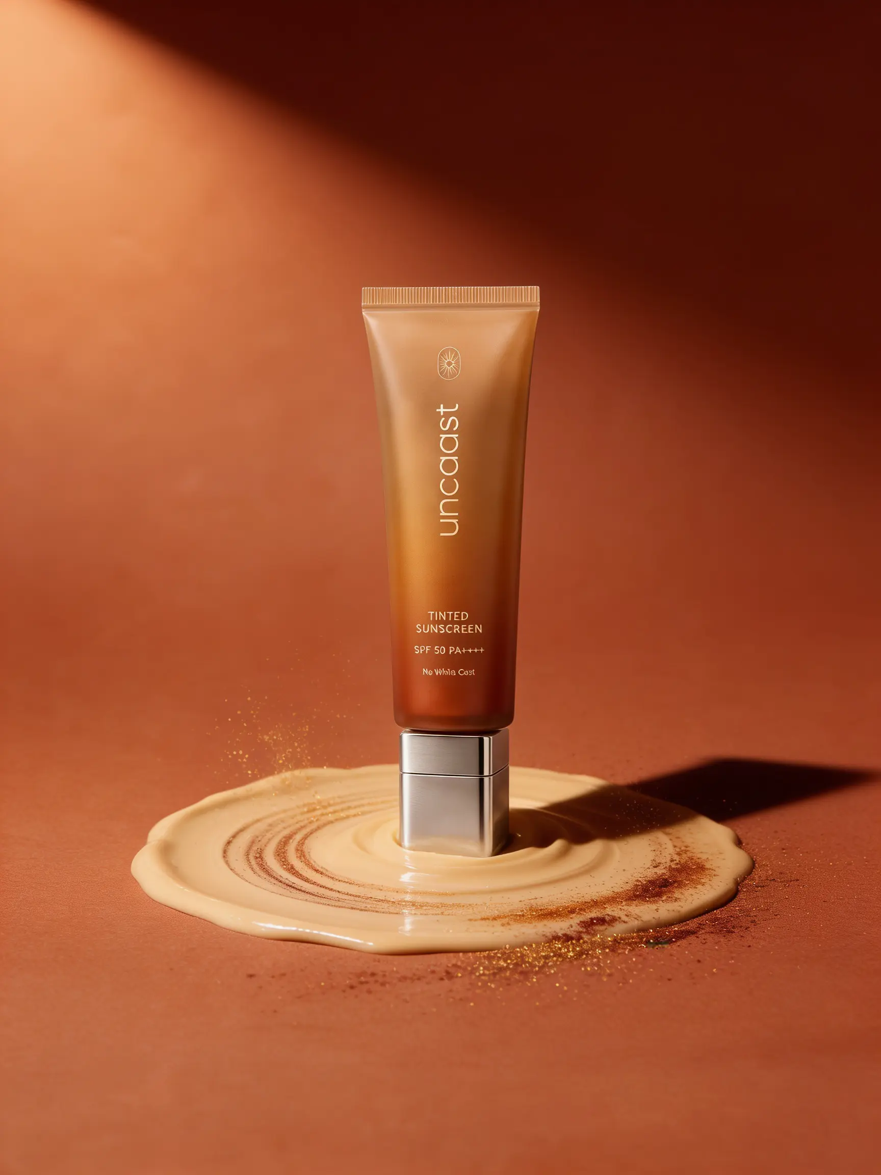 uncaast tinted sunscreen standing in a pool of cream with drifting iron oxide pigment