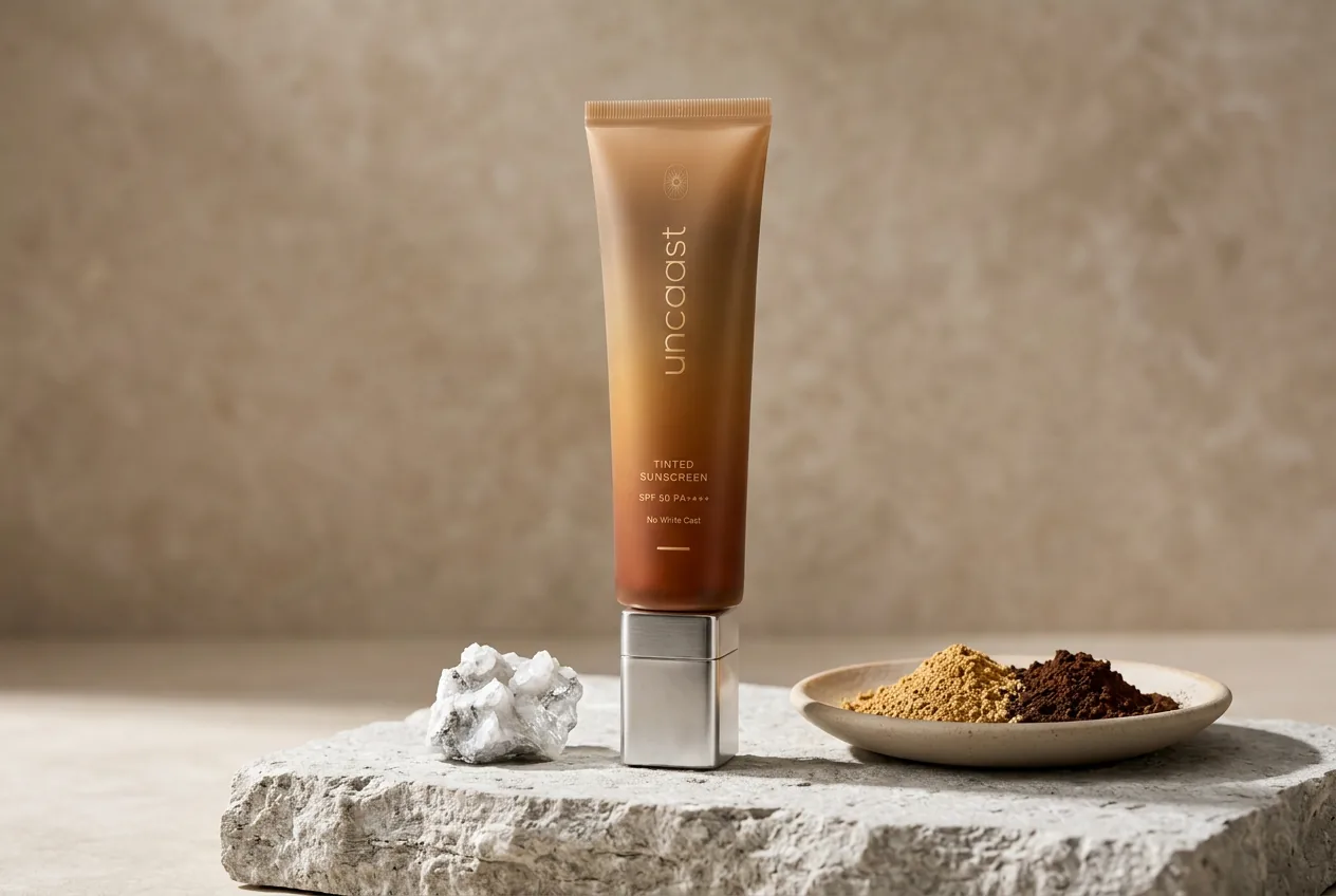 uncaast tinted sunscreen beside raw zinc mineral and golden iron oxide pigments