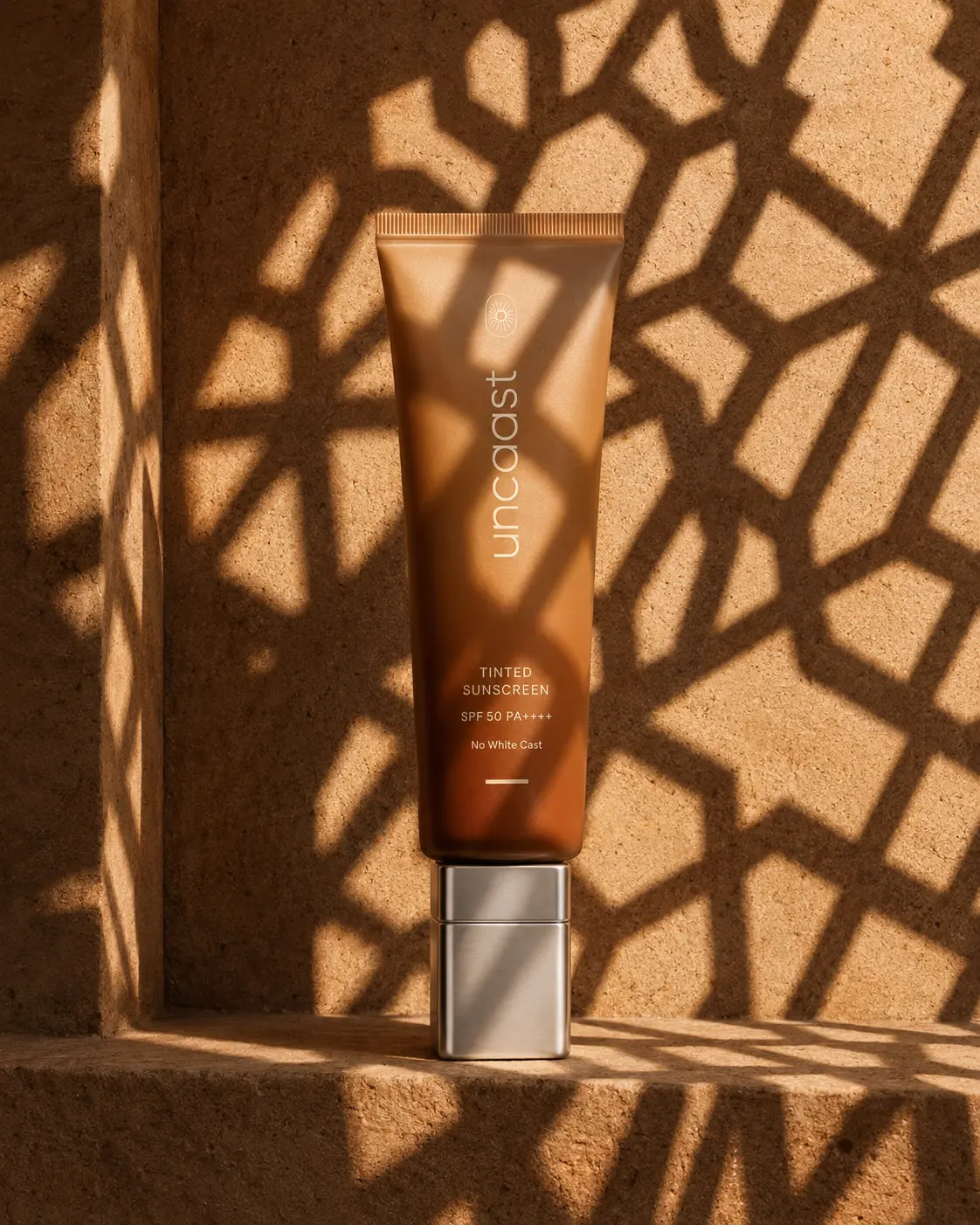 uncaast tinted sunscreen under the geometric shadow of a carved jaali screen