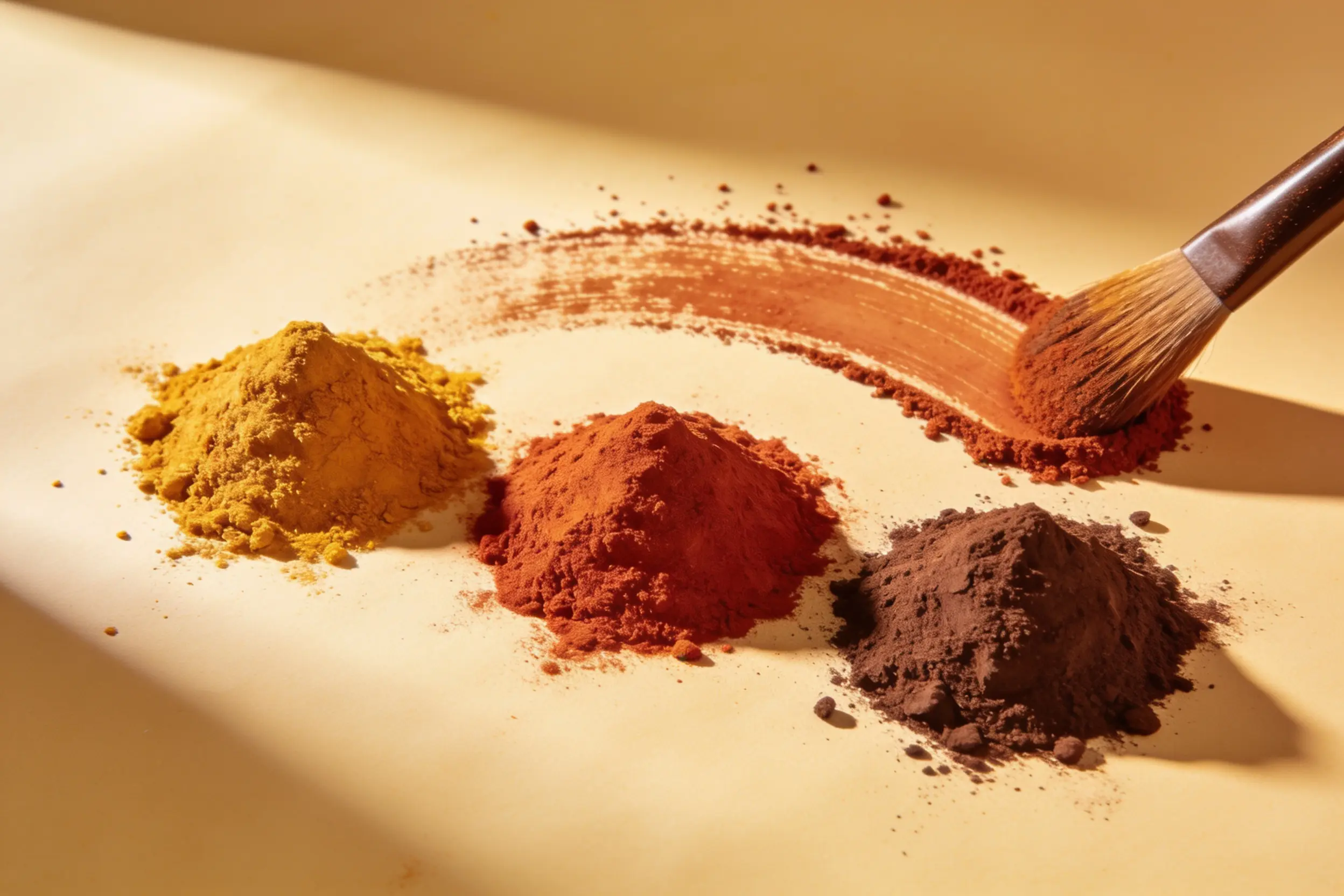 Loose golden, red-ochre and deep brown iron oxide pigments, the tint system for uncaast tinted sunscreen