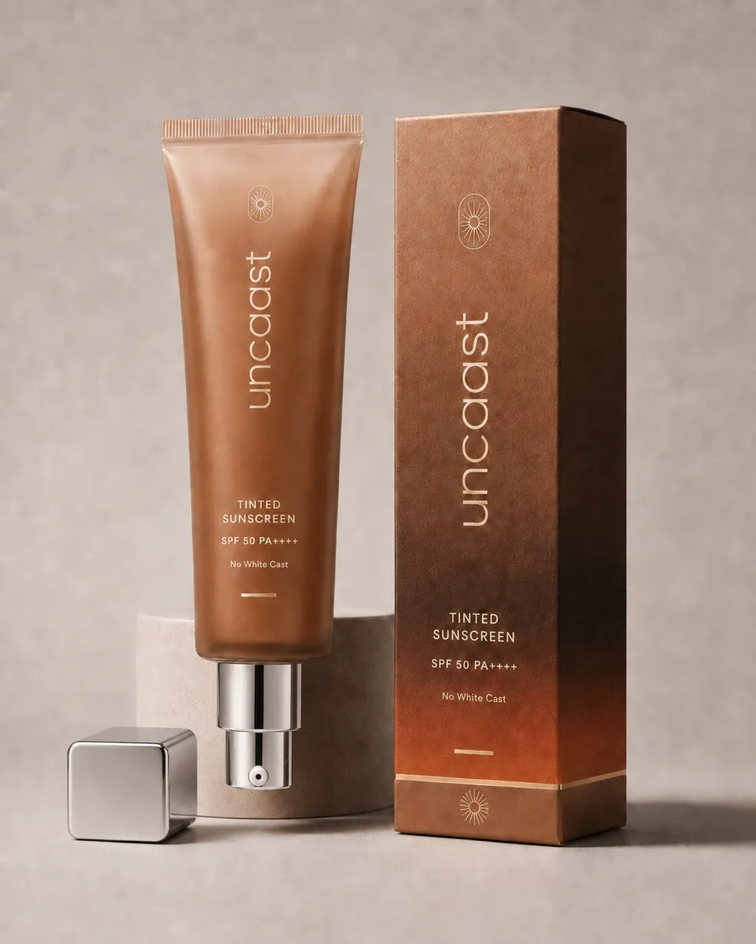 uncaast tinted sunscreen SPF 50 PA++++ tube and carton
