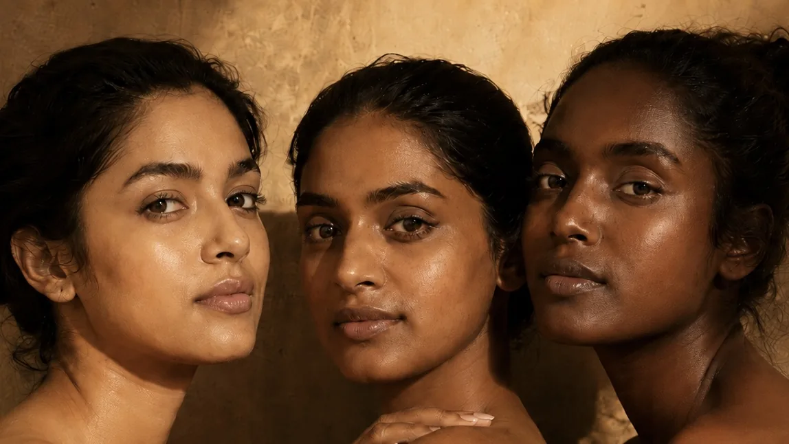 Three women with light-medium, medium-tan and deep brown skin tones together in golden light